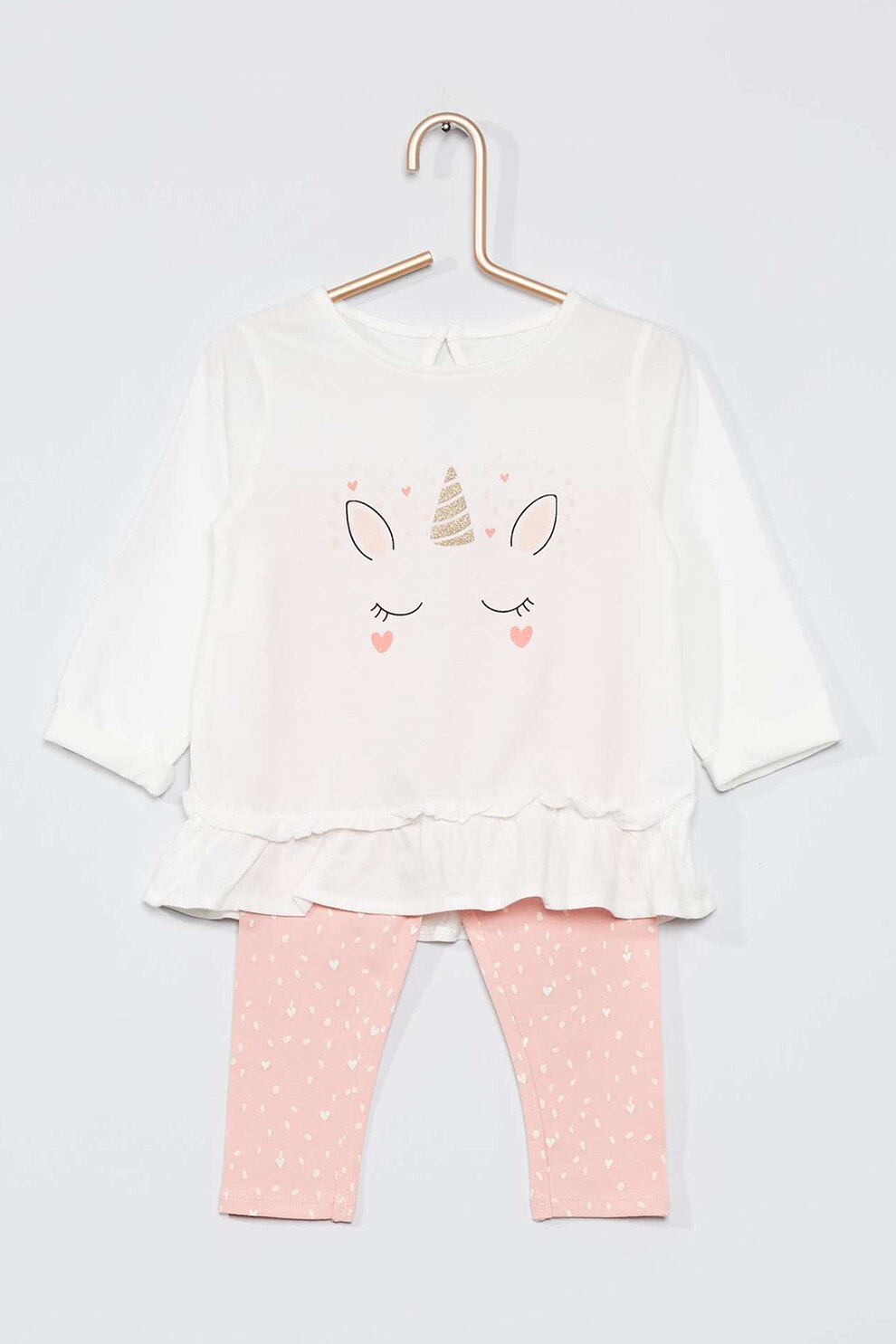 KIABI, Set de bluza si colanti cu imprimeu - 2 piese, Roz/Alb
