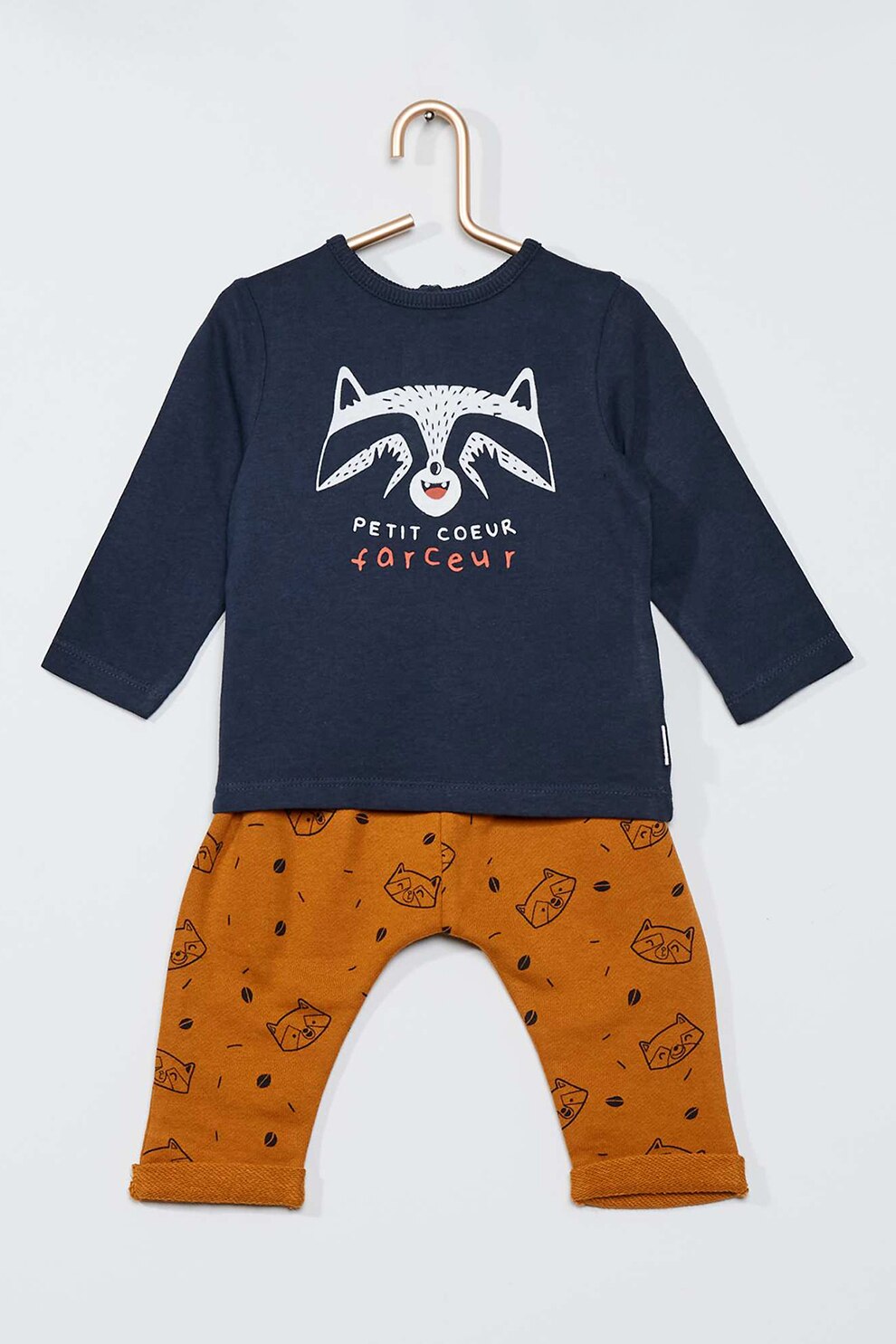 KIABI, Set de bluza si pantaloni cu imprimeu - 2 piese, Bleumarin/Ocru