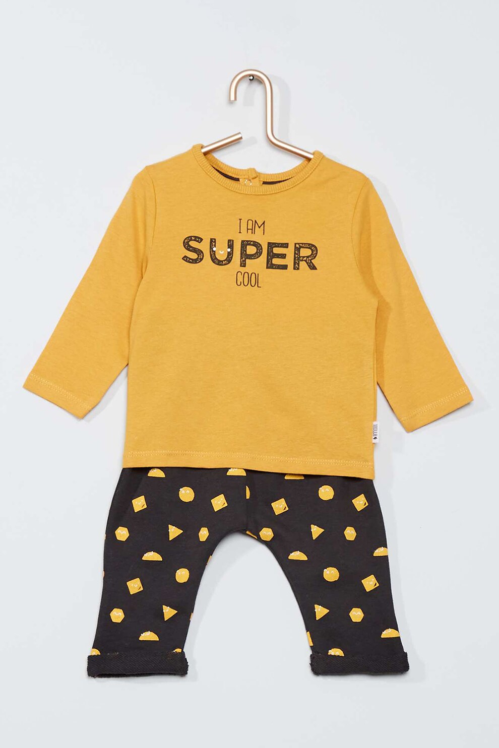 KIABI, Set de bluza si pantaloni cu imprimeu - 2 piese, Galben/Gri