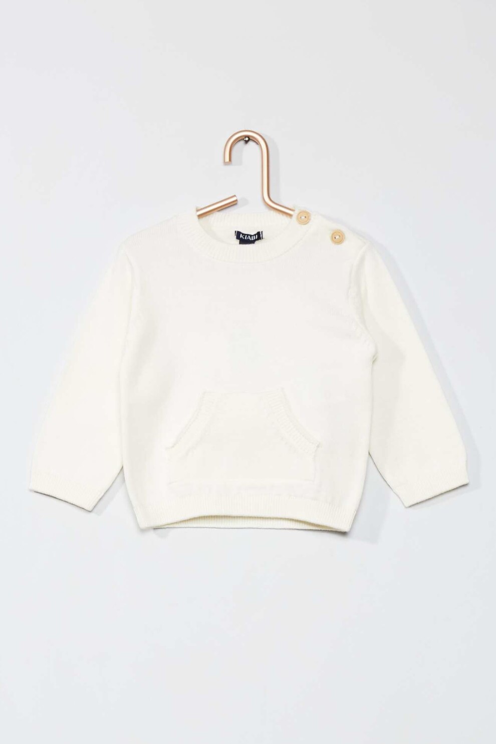 KIABI, Pulover tricotat fin cu buzunar kangaroo, Alb