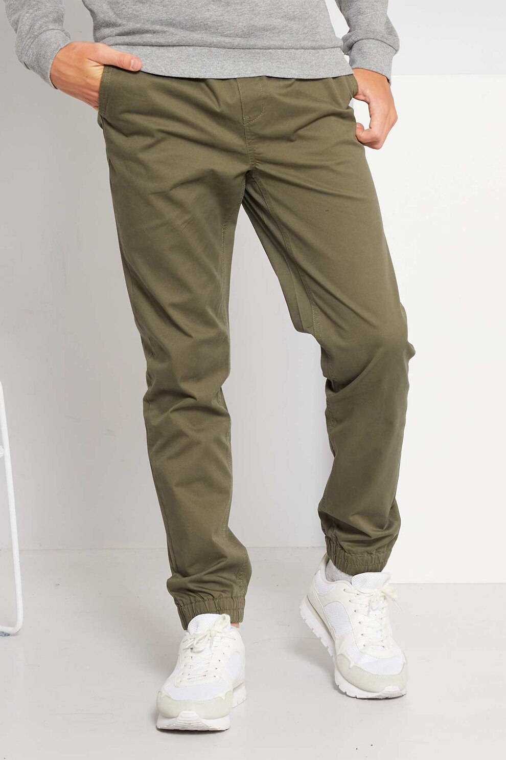 KIABI, Pantaloni jogger slim fit cu snur, Kaki