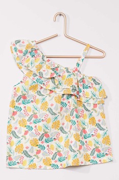 KIABI, Top cu decolteu pe umar si volane, Alb/Galben/Roz KIABI, Top cu decolteu pe umar si volane, Alb/Galben/Roz