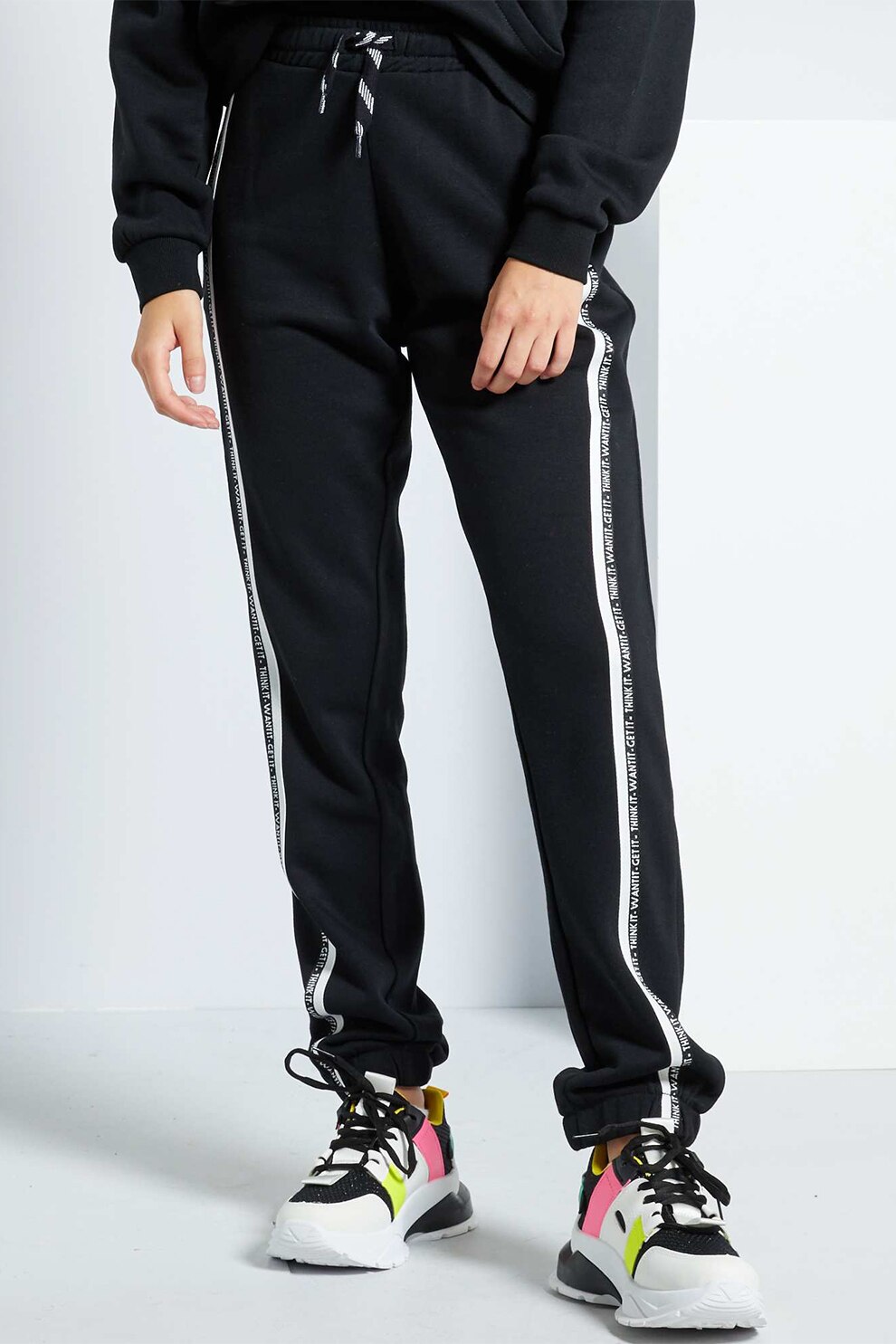 KIABI, Pantaloni sport cu talie inalta, Negru/Alb