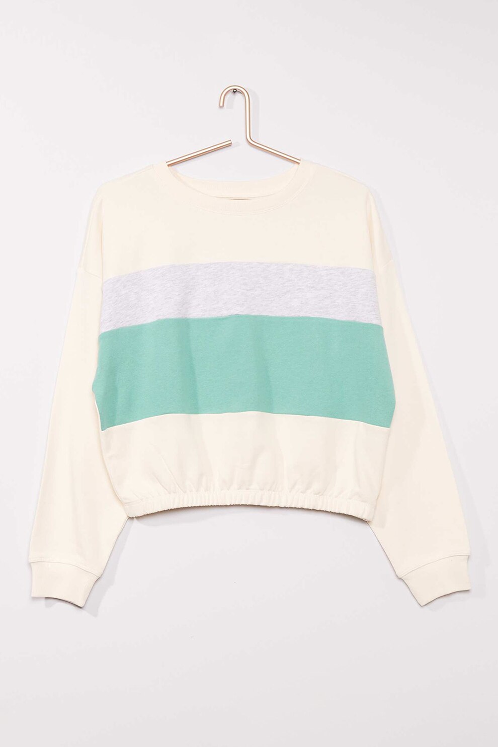 KIABI, Bluza sport cu maneci cazute, Crem/Verde menta/Gri