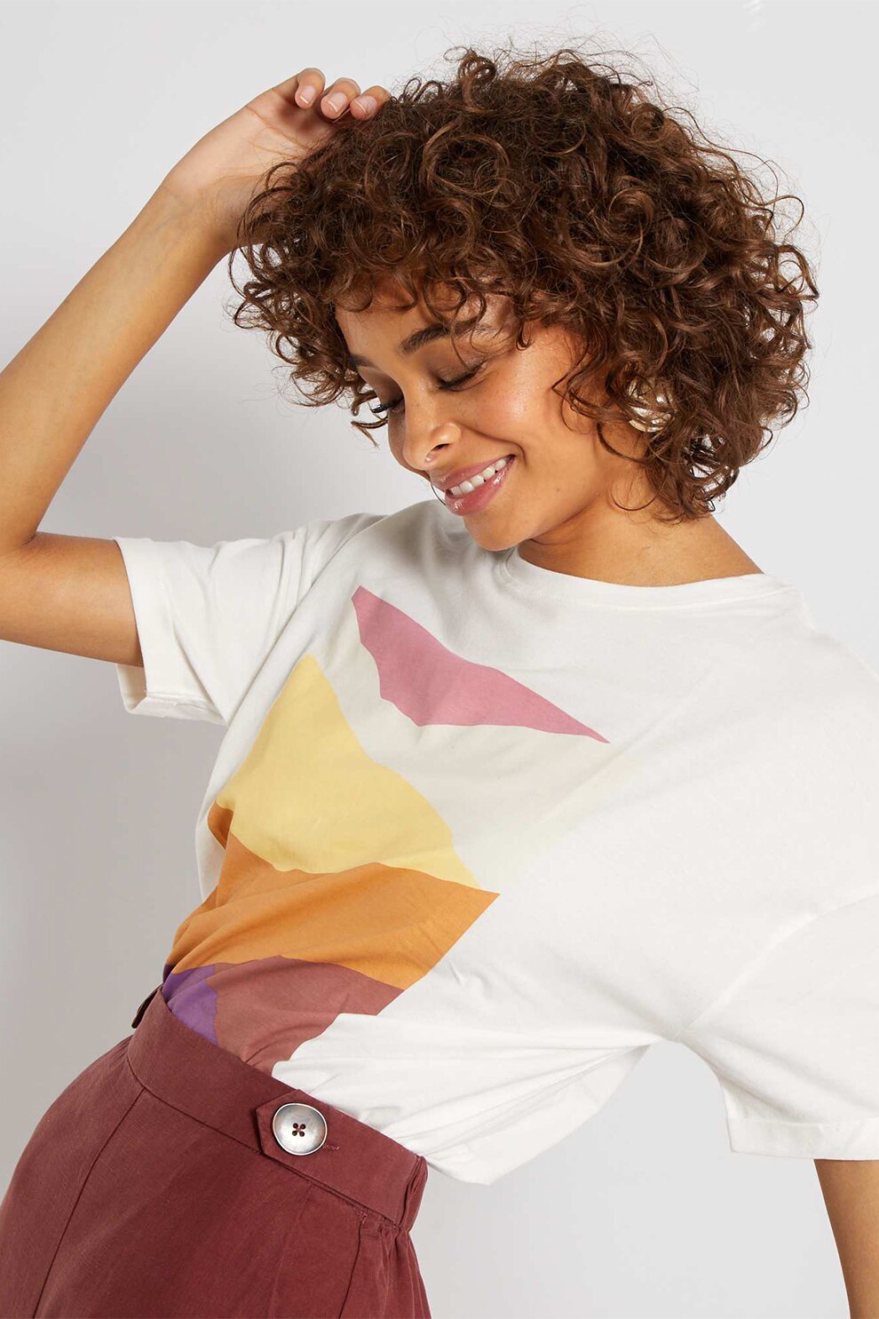 KIABI, Tricou cu decolteu rotund si imprimeu grafic, Alb