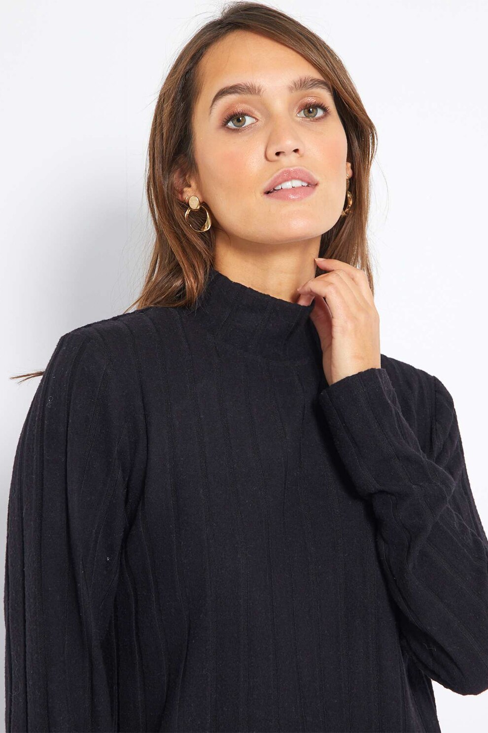 KIABI, Pulover cu maneci lungi si guler scurt, Negru