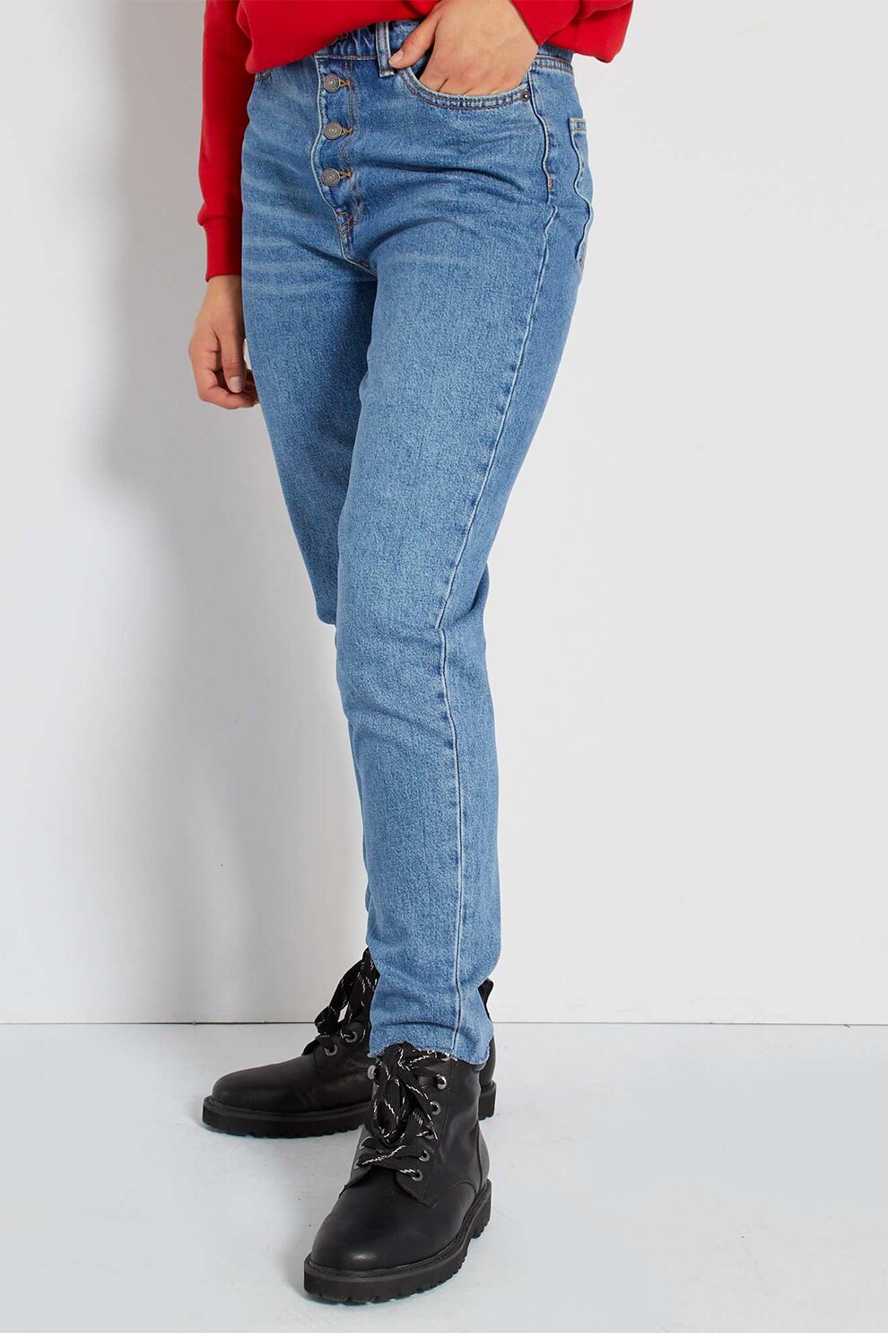 KIABI, Blugi cu talie inalta si nasturi, Albastru deschis