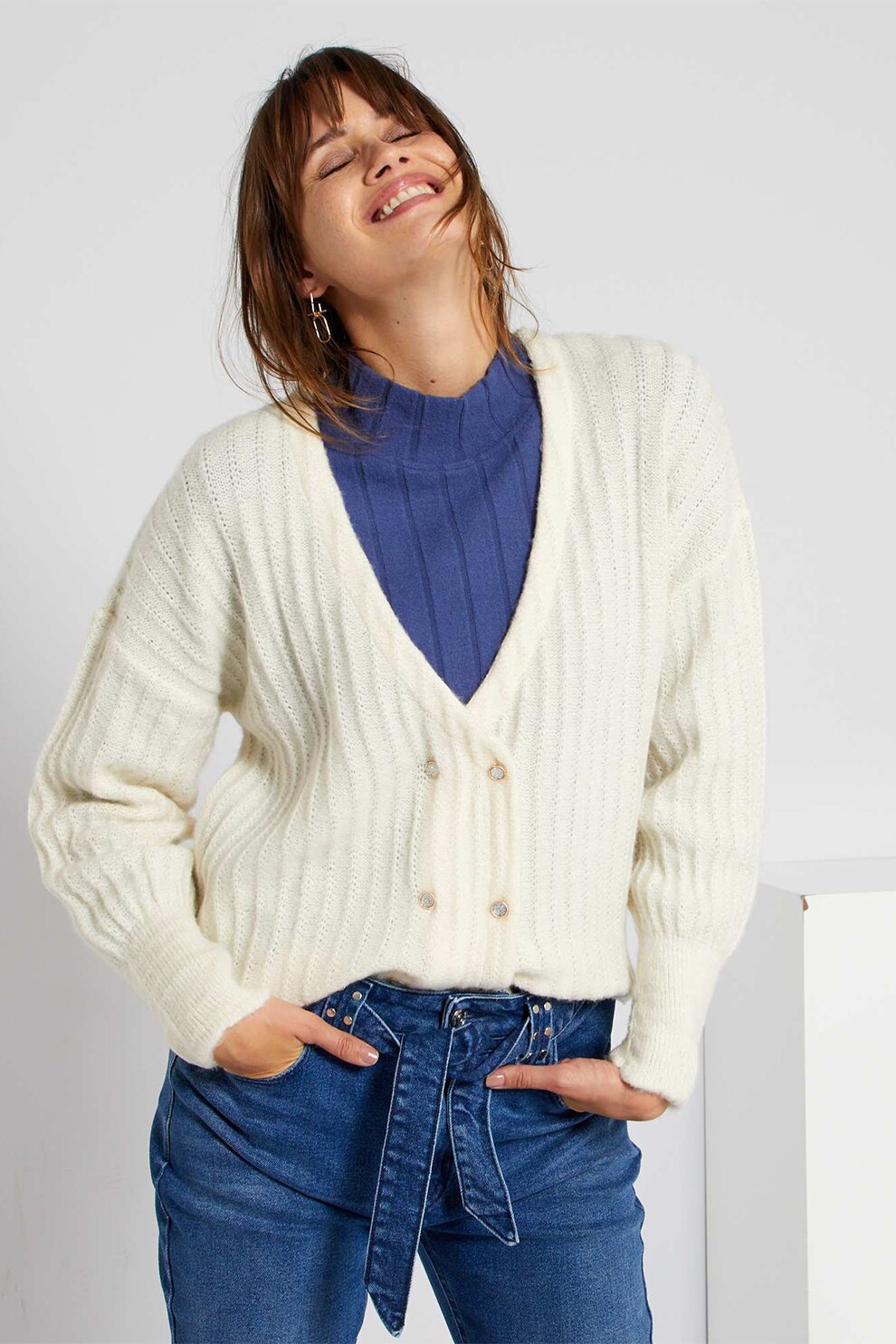 KIABI, Cardigan cu decolteu in V si maneci cazute, Bej