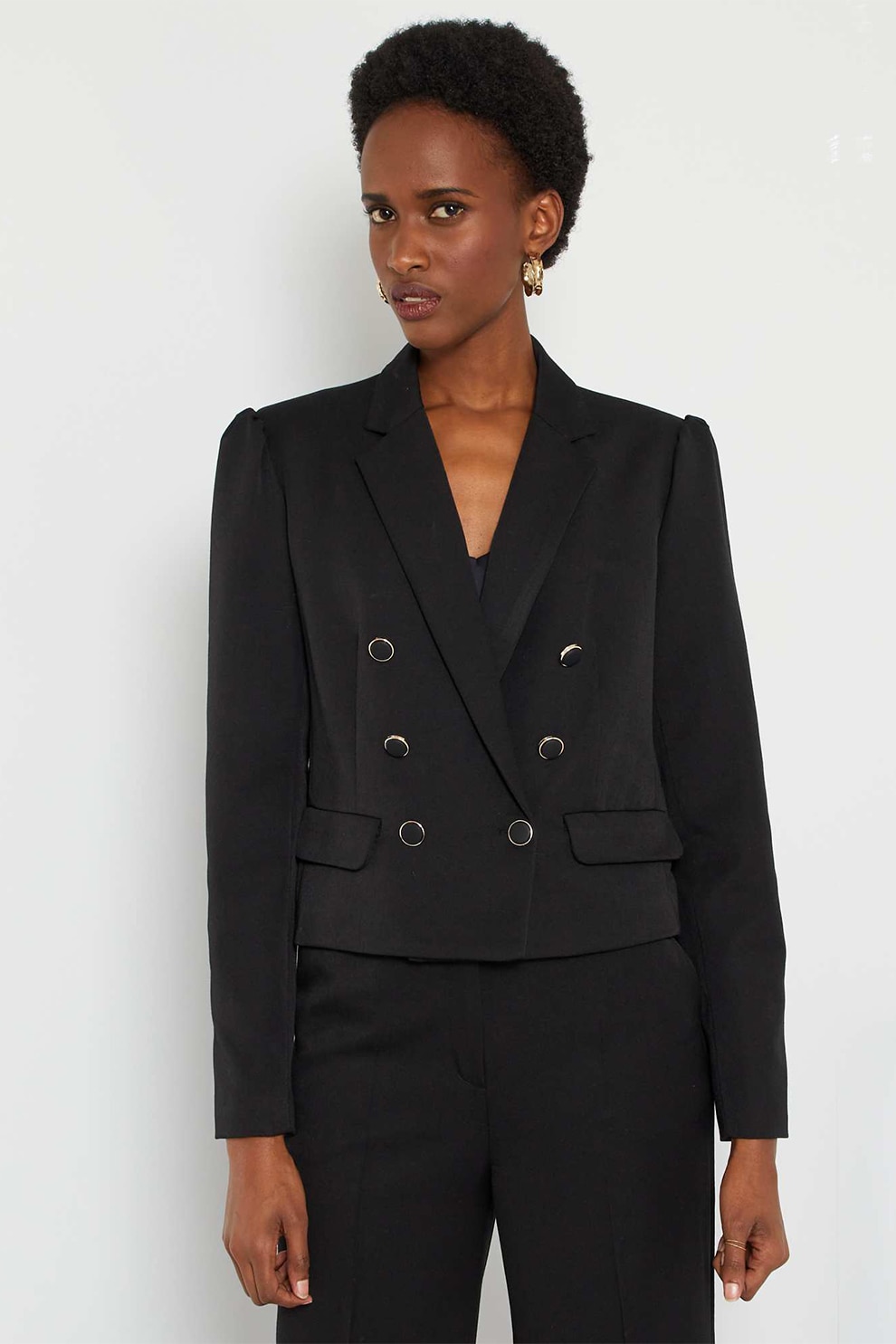 KIABI, Sacou crop cu doua randuri de nasturi, Negru