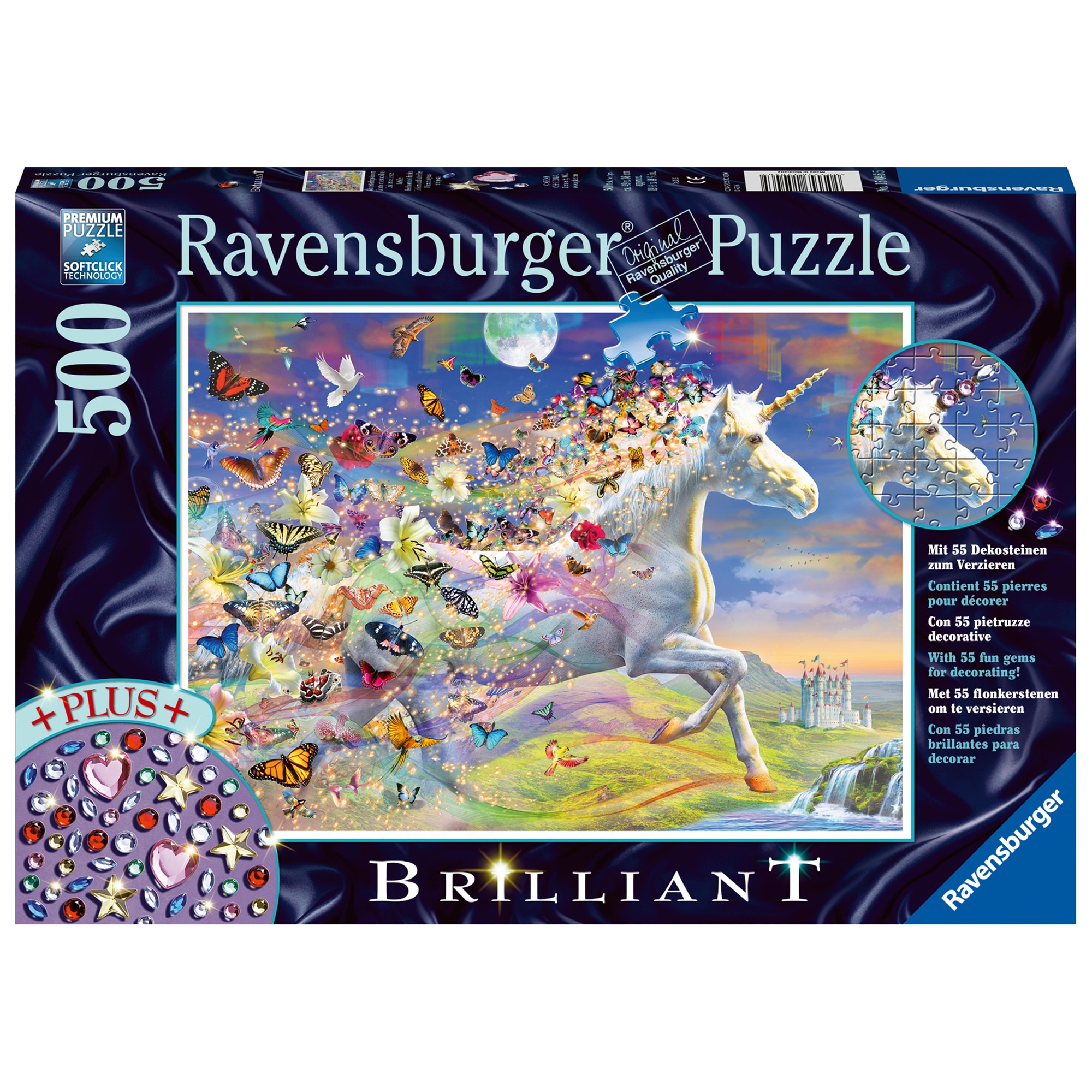 Puzzle Ravensburger Brilliant - Unicorni si fluturi, cu stickere, 500 piese