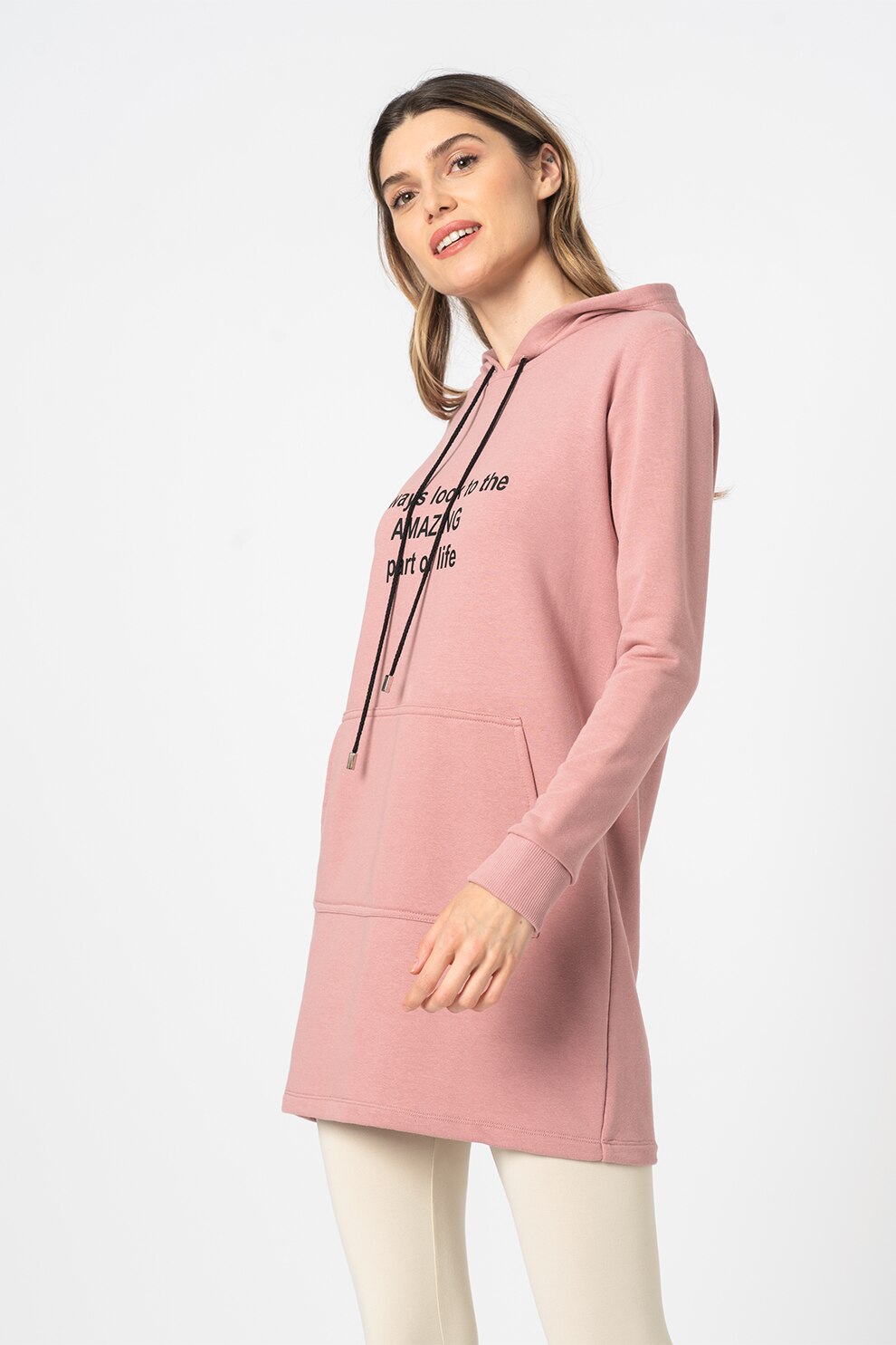 Amazing, Rochie-hanorac mini cu imprimeu text si buzunar kangaroo, Roz prafuit/ Negru