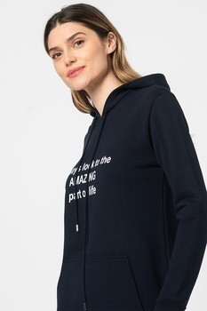 Amazing, Rochie-hanorac mini cu imprimeu text si buzunar kangaroo, bleumarin inchis, alb Amazing, Rochie-hanorac mini cu imprimeu text si buzunar kangaroo, bleumarin inchis, alb