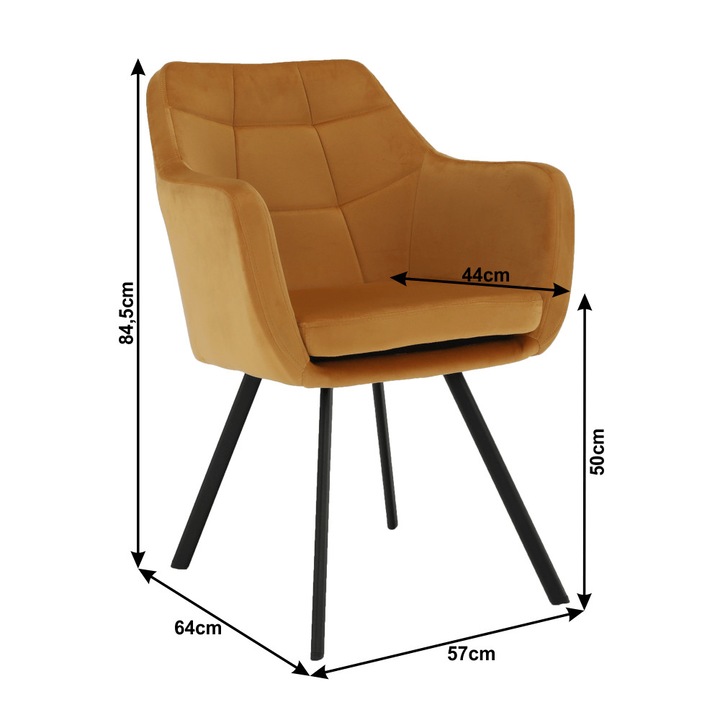 Scaun dining/bucatarie , catifea galben mustar/ negru,84,5x64x57cm, Bortis Impex