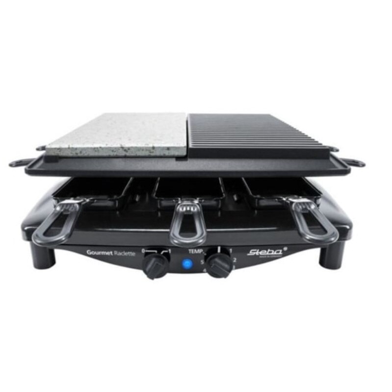 Plita grill si raclette electrica Steba, RC 4 PLUS Deluxe, gratar din fonta, 1450 W, suprafata mare de gatire, 29 x 29 cm, gratar de masa, indicator temperatura, control temperatura, rezistent, curatare usoara, model german, negru