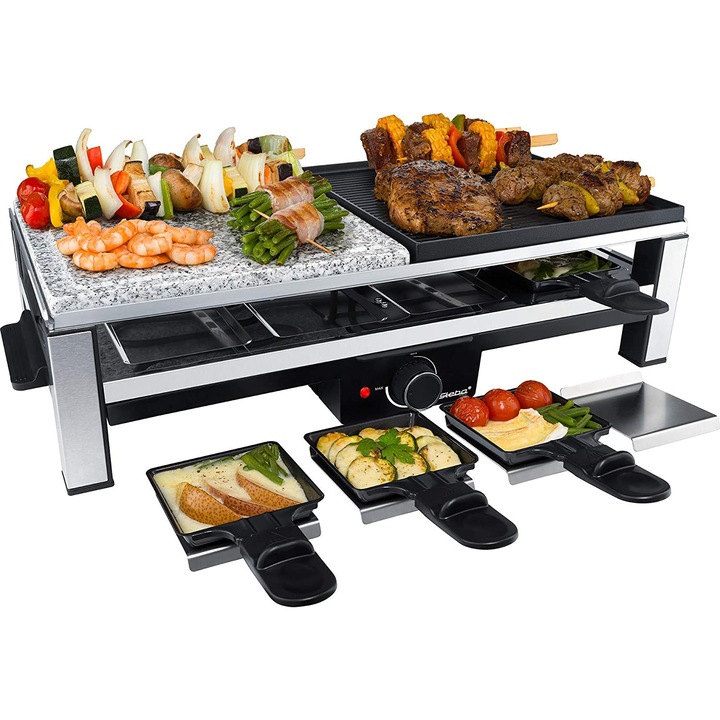 Plita grill si raclette electrica Steba, RC 108, 8 tigai raclette, 2000 W, 2 placi pentru gatire, suprafata mare de gatire, 50 x 25 cm, control temperatura, rezistent, curatare usoara, gratar de masa, model german, negru