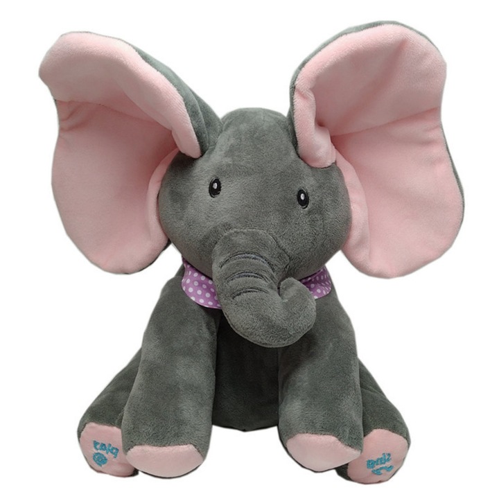 Elefant de Plus, Cantecel in Engleza, Cucu Bau, 3 ani+, 30cm, Gri cu Roz