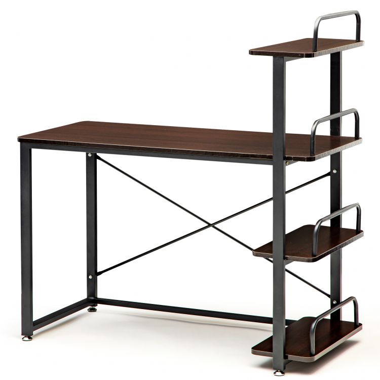 Birou, maro inchis, din PAL, structura metalica, cu etajere in partea dreapta, 120,5 x 50 x 75/125 cm