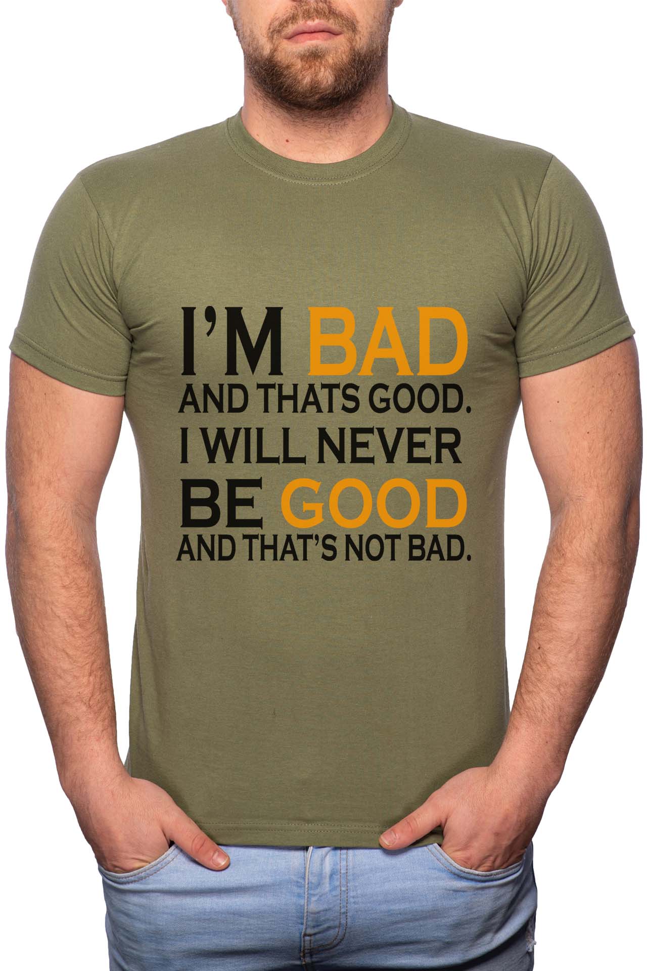 Tricou barbati, I'm Bad, 100% Bumbac, GR138, Verde militar