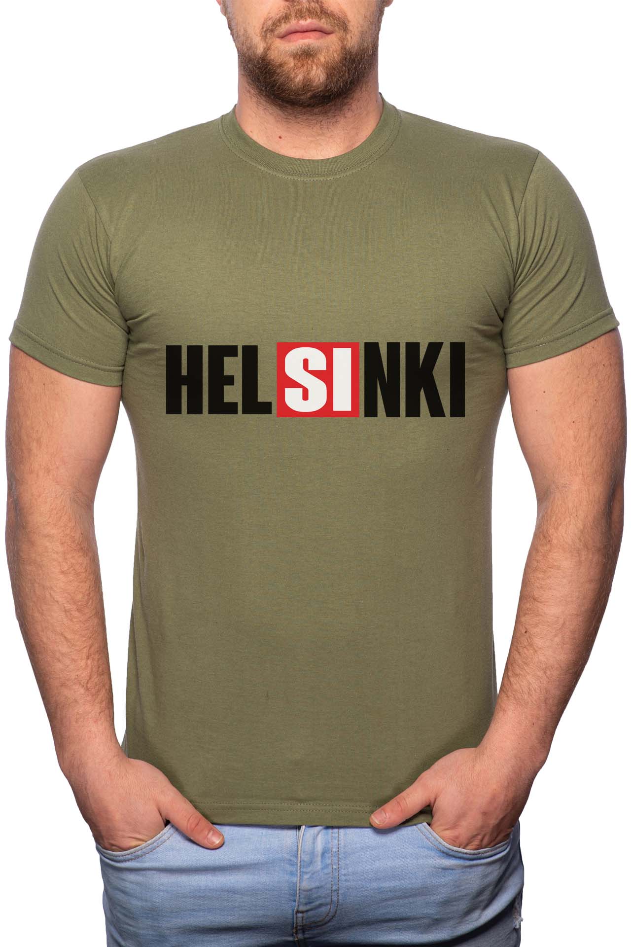 Tricou barbati, La Casa De Papel - Helsinki, 100% Bumbac, R150, Verde militar