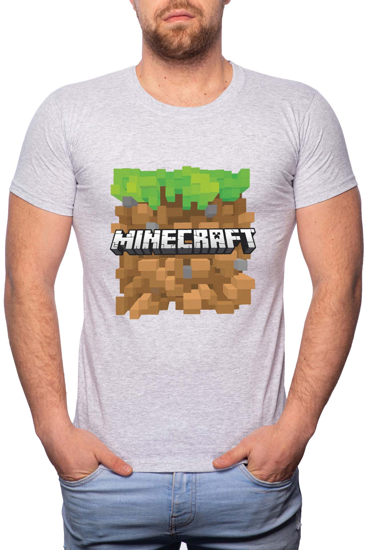 Tricou barbati, Minecraft, 100% Bumbac, G179, Gri
