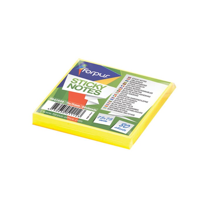 Forpus 42010 Ragasztós jegyzettömb, 75 x 75 mm, 80 lapos, sárga
