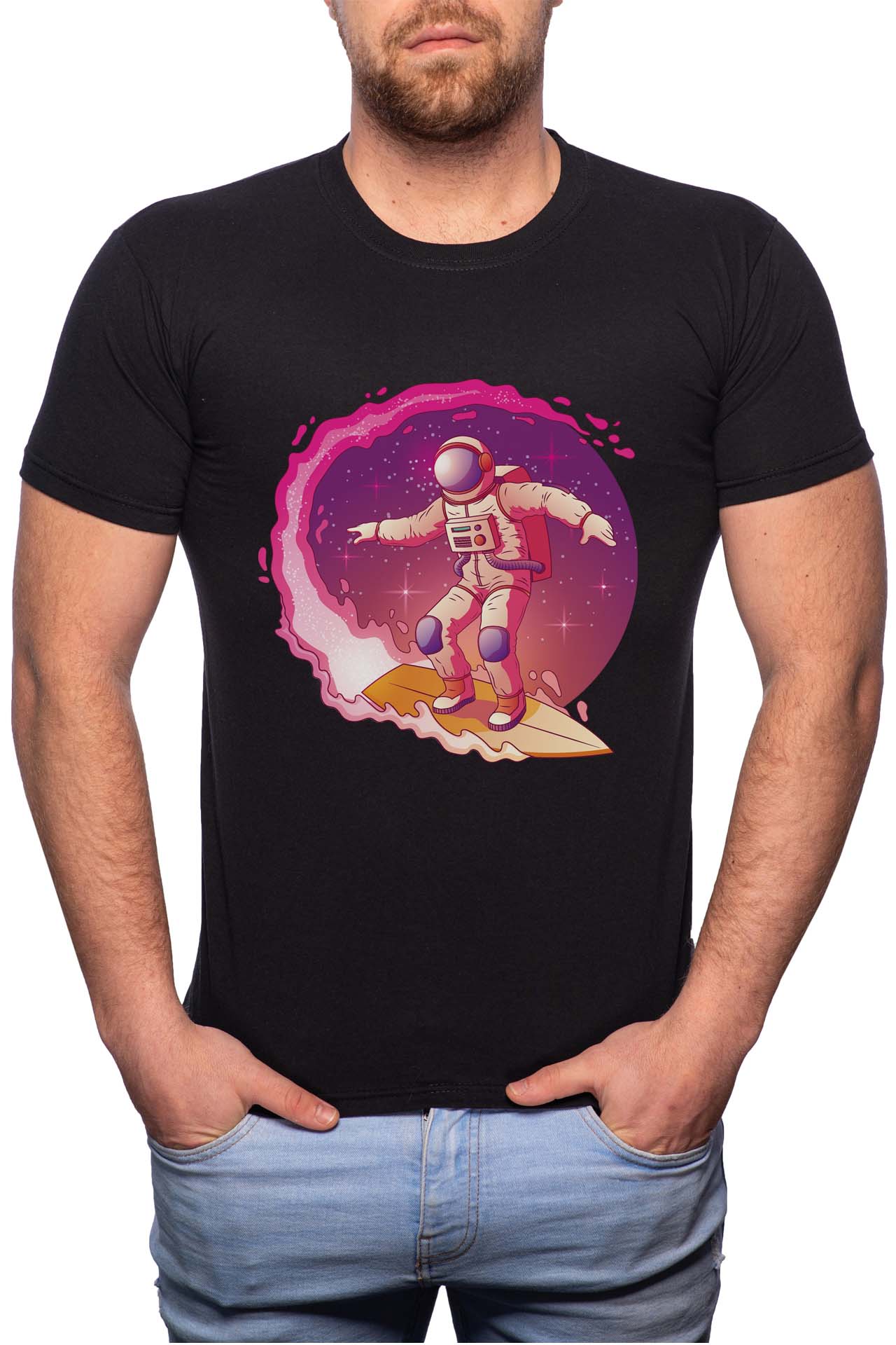 Tricou barbati, Astronaut Surf, 100% Bumbac, W218, Negru