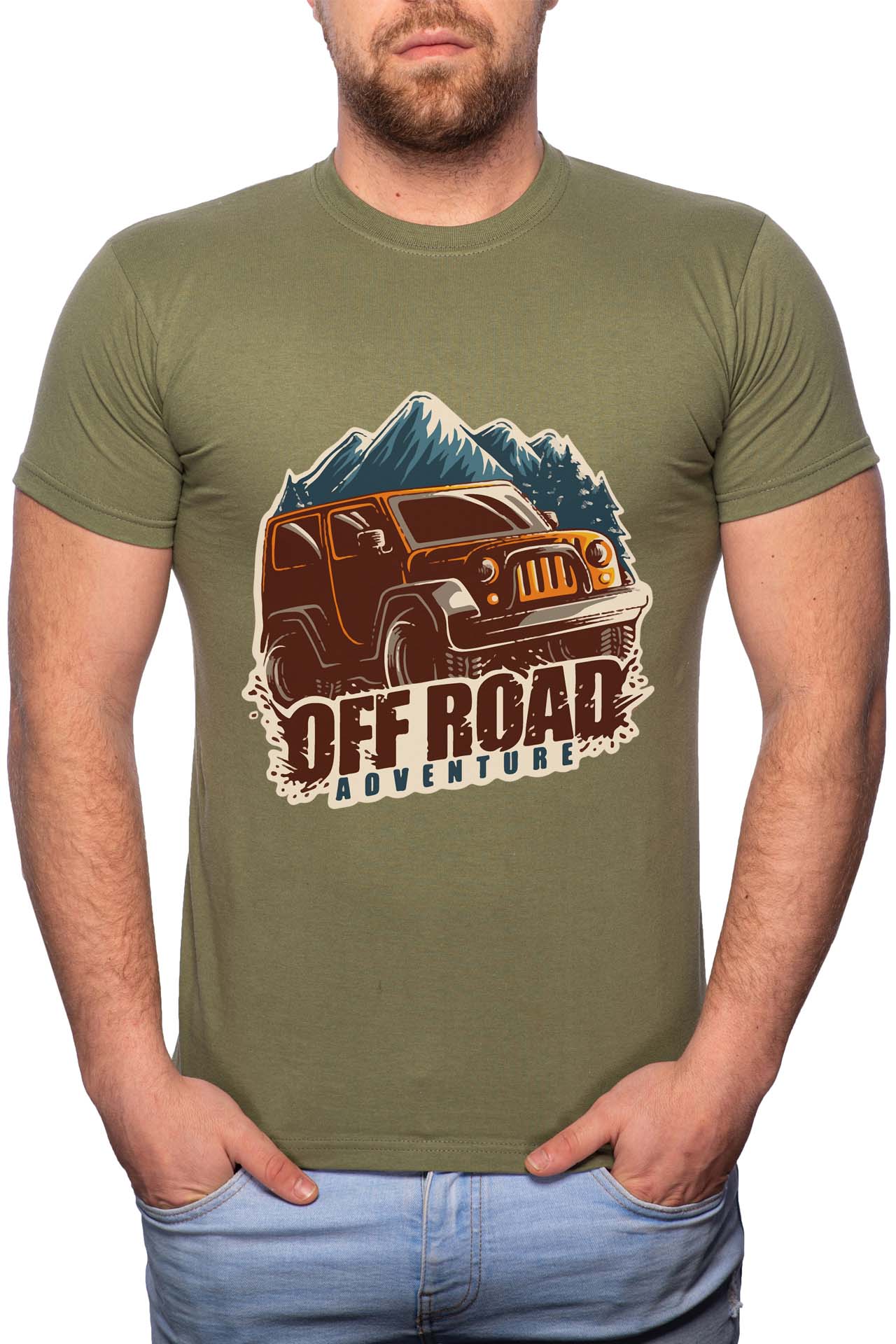 Tricou barbati, Off Road Adventure, 100% Bumbac, G216, Verde militar