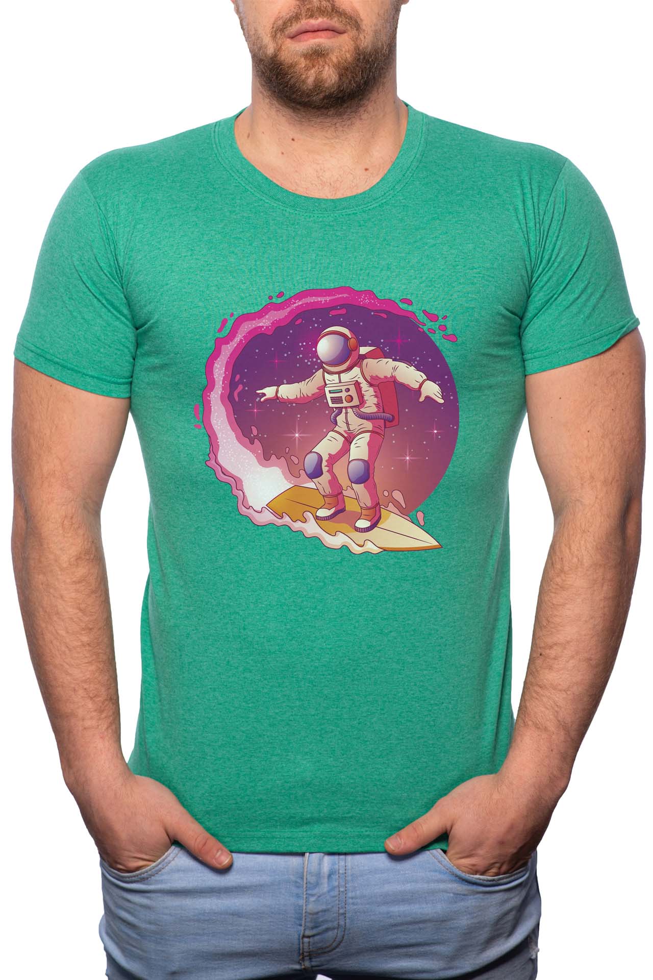Tricou barbati, Astronaut Surf, 100% Bumbac, W218, Verde