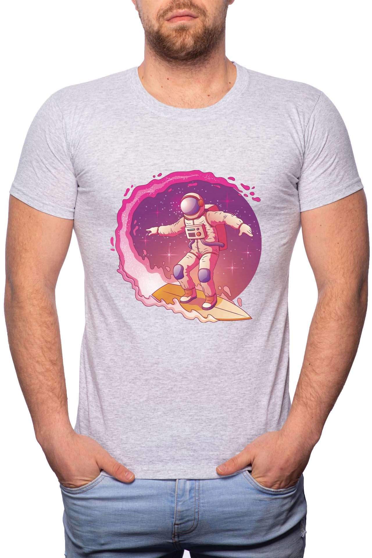 Tricou barbati, Astronaut Surf, 100% Bumbac, W218, Gri