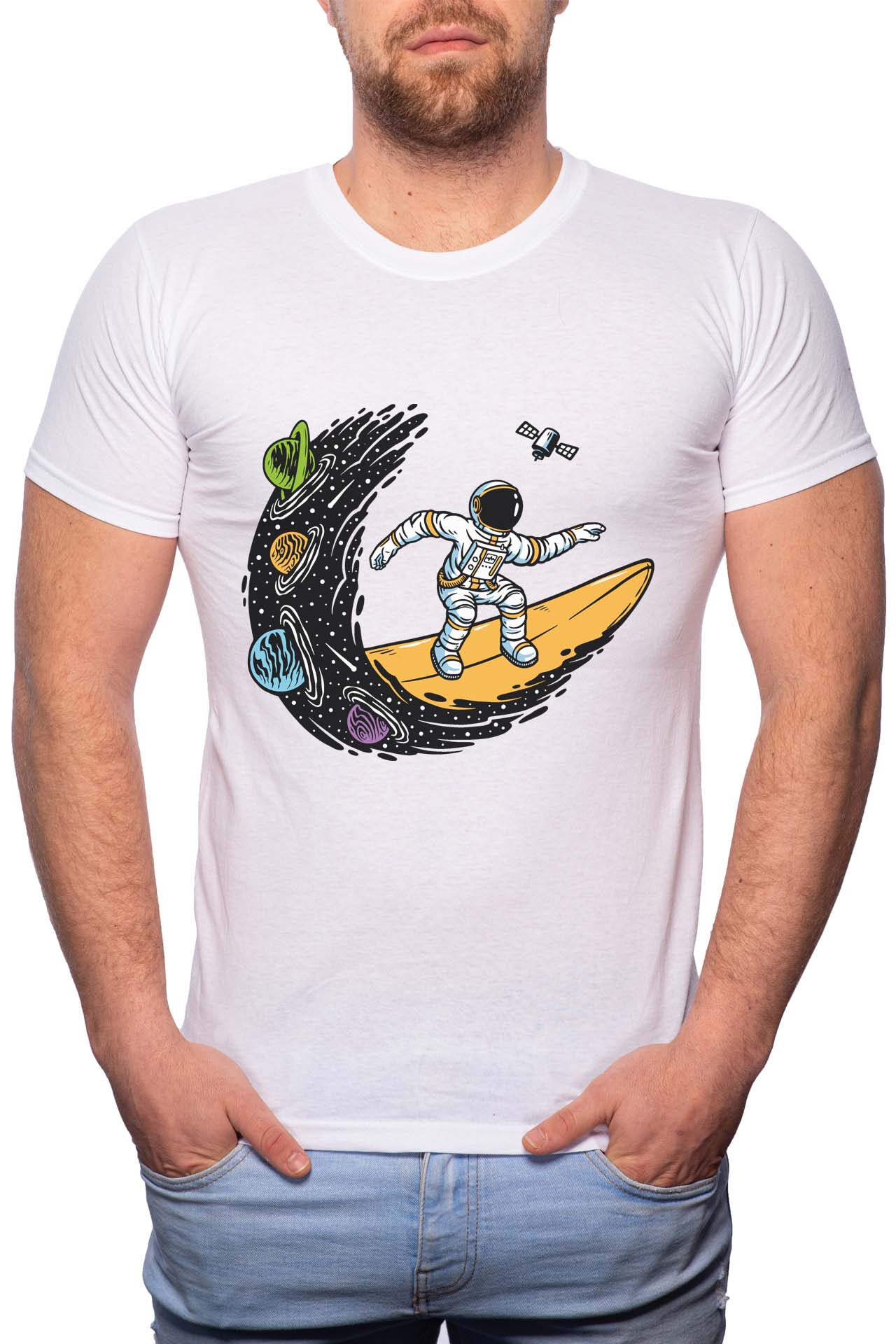 Tricou barbati, Astronaut Surf, 100% Bumbac, GR221, Alb