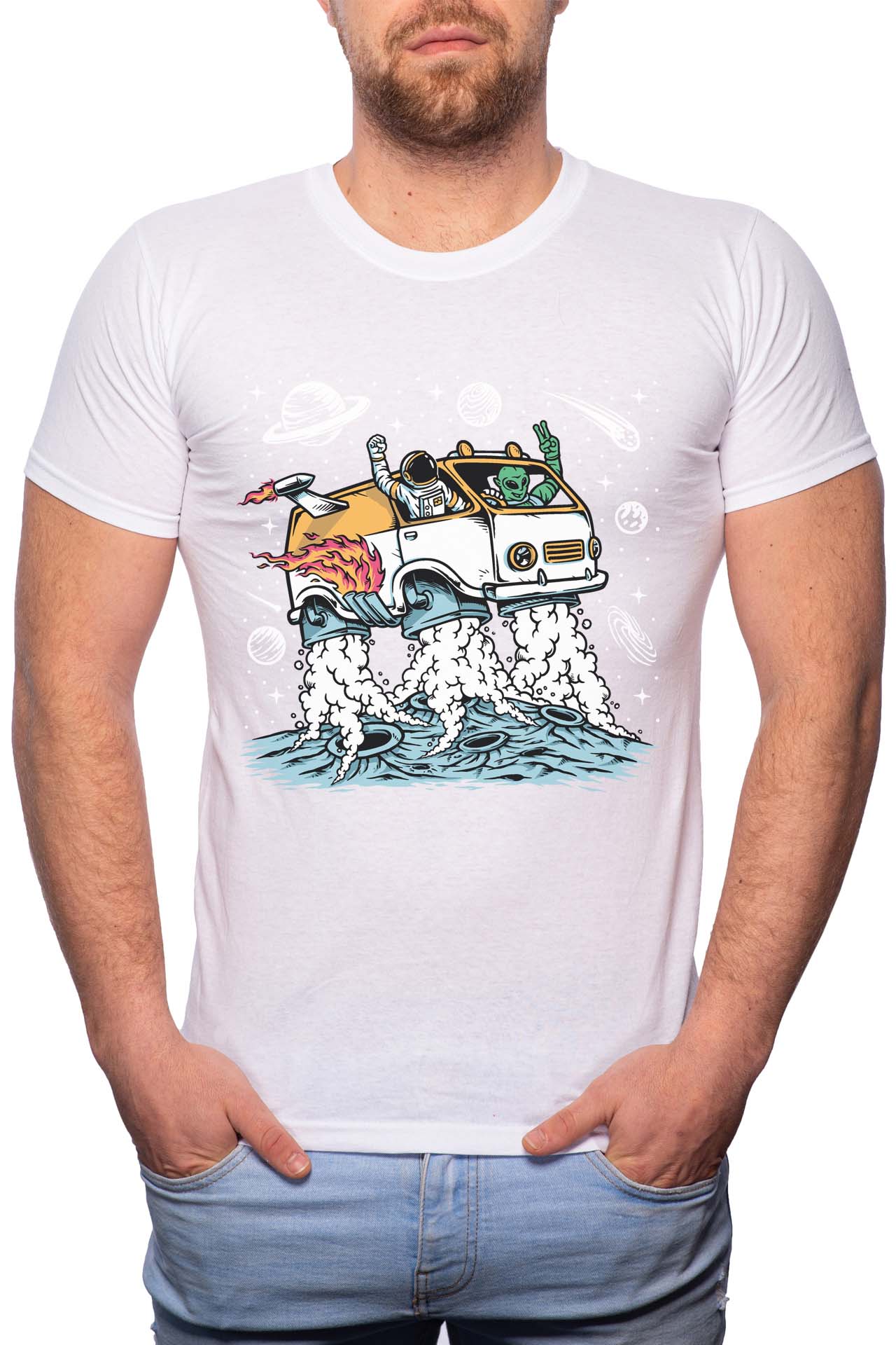 Tricou barbati, Astronaut Travel, 100% Bumbac, B222, Alb