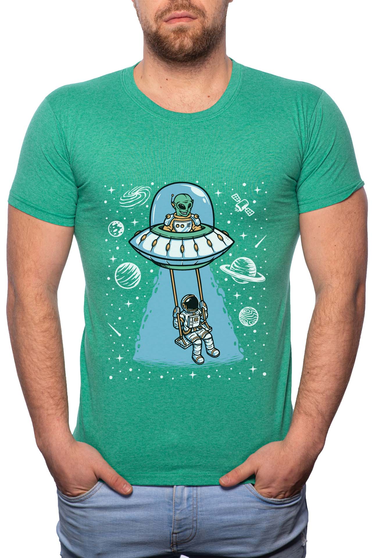 Tricou barbati, Astronaut Play Swing, 100% Bumbac, R223, Verde