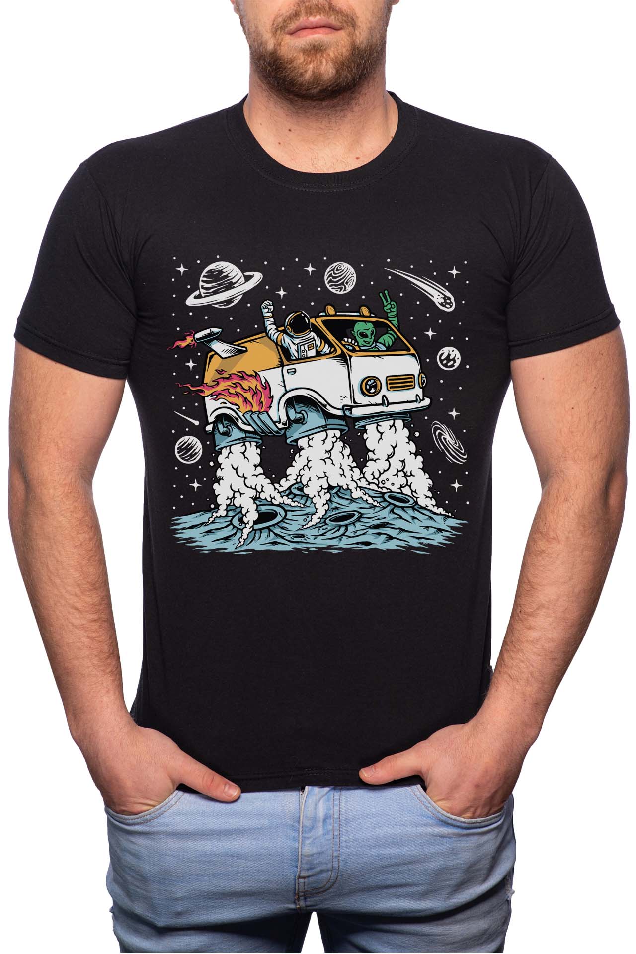 Tricou barbati, Astronaut Travel, 100% Bumbac, B222, Negru