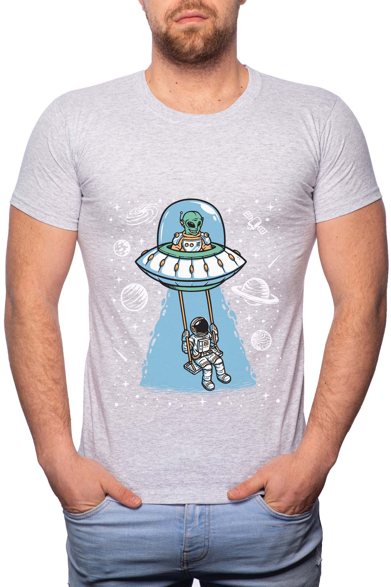 Tricou barbati, Astronaut Play Swing, 100% Bumbac, R223, Gri