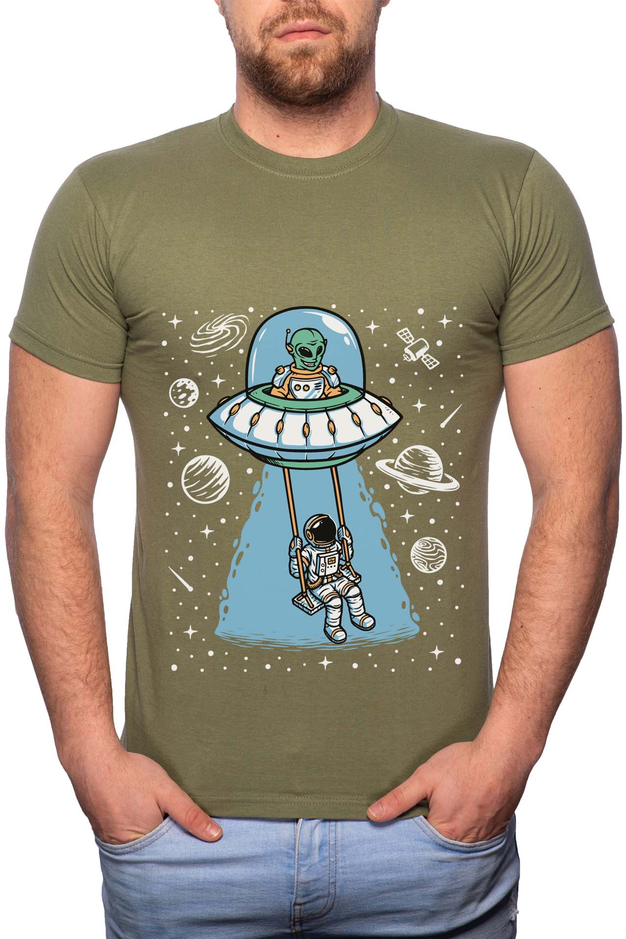 Tricou barbati, Astronaut Play Swing, 100% Bumbac, R223, Verde militar