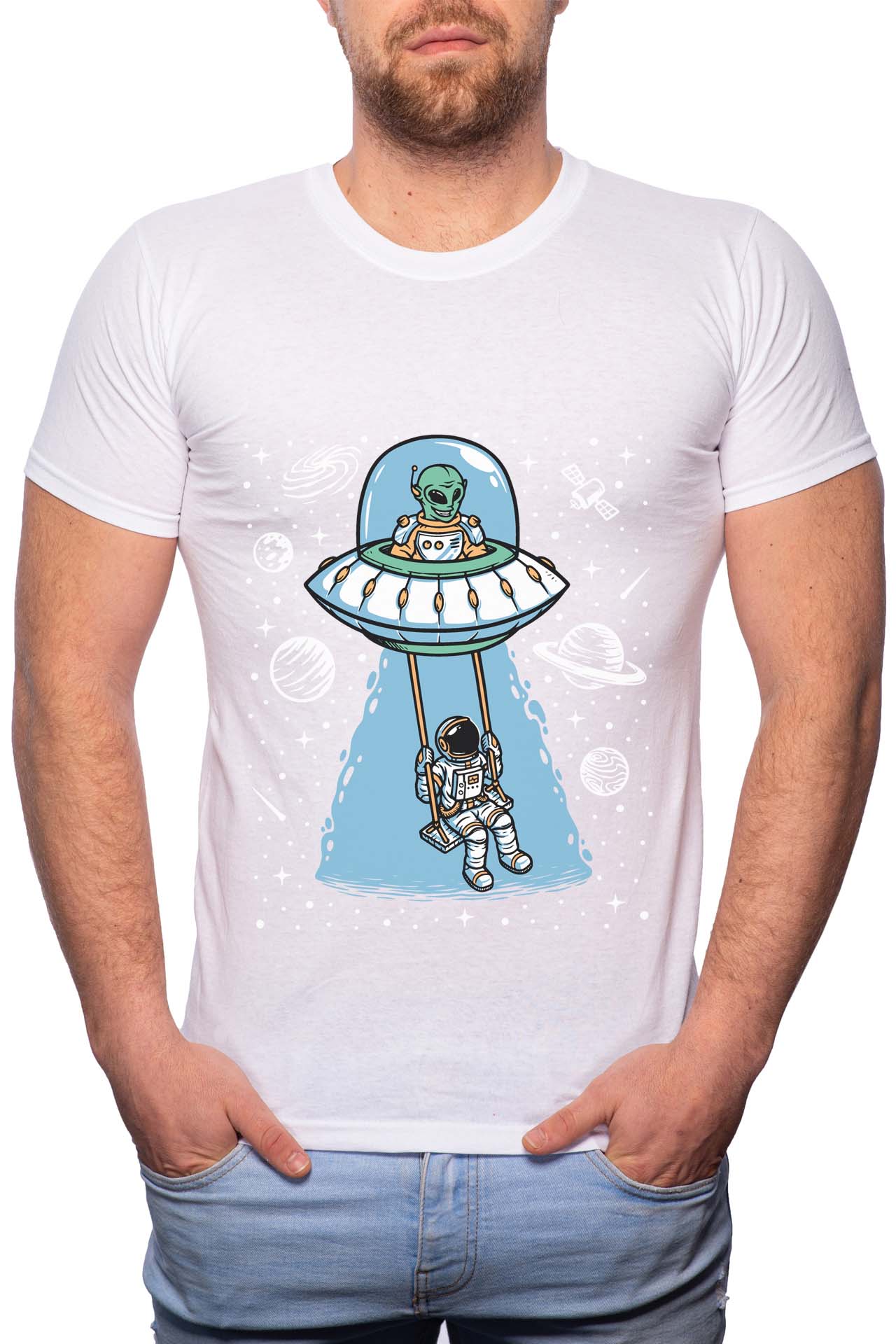 Tricou barbati, Astronaut Play Swing, 100% Bumbac, R223, Alb
