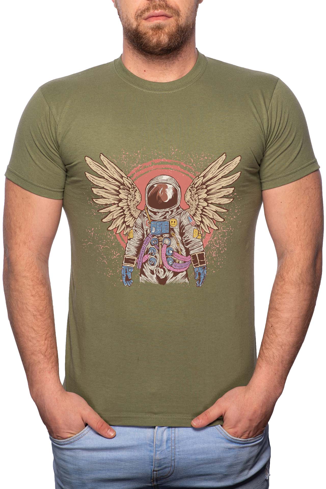 Tricou barbati, Astonaut Angel, 100% Bumbac, B224, Verde militar