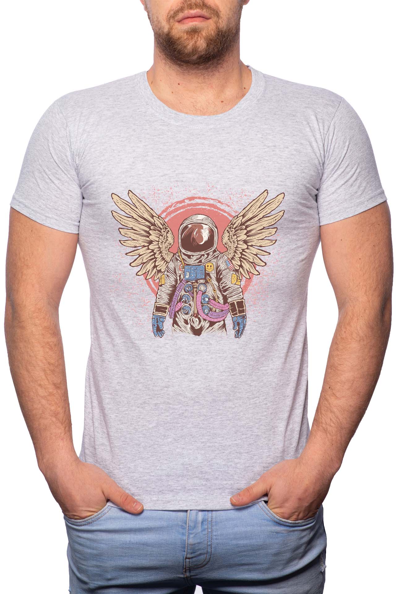 Tricou barbati, Astonaut Angel, 100% Bumbac, B224, Gri