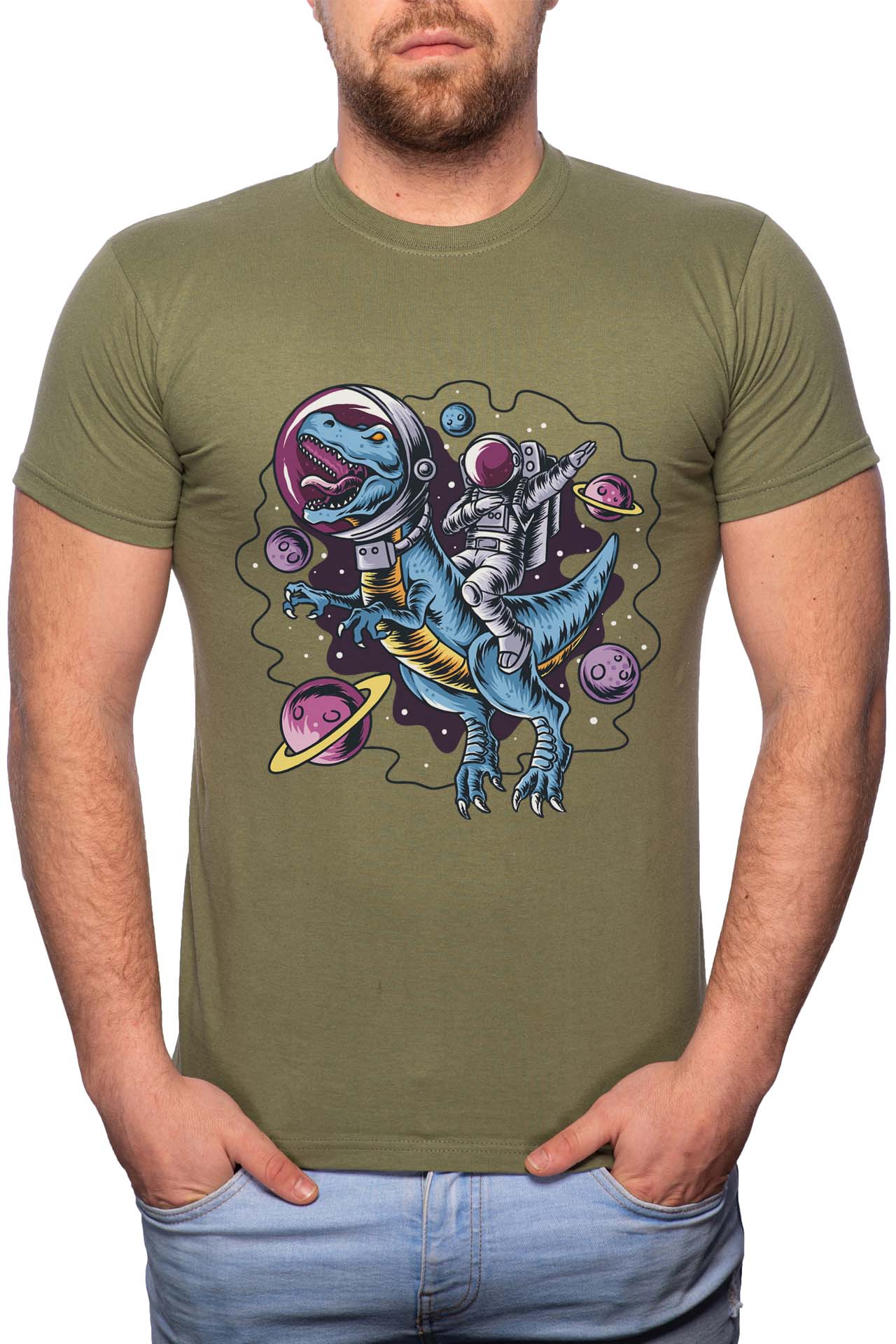 Tricou barbati, Astronaut Dinosaurus, 100% Bumbac, GR226, Verde militar