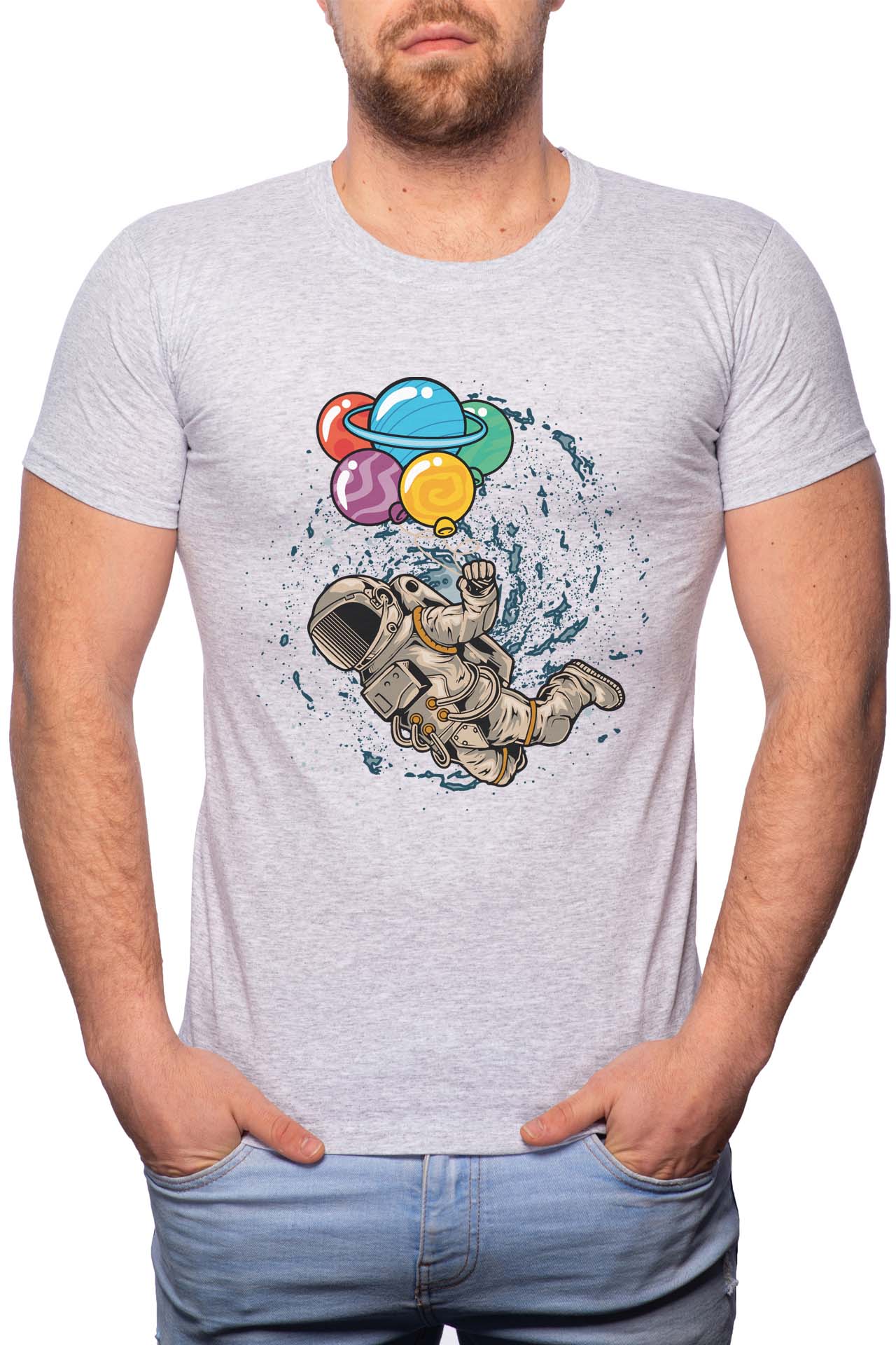Tricou barbati, Astronaut With Planets, 100% Bumbac, B228, Gri