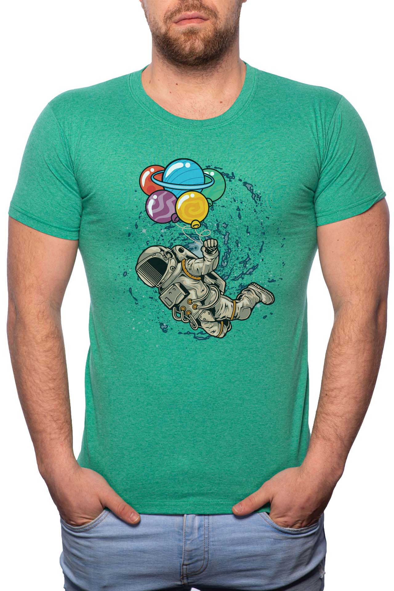 Tricou barbati, Astronaut With Planets, 100% Bumbac, B228, Verde