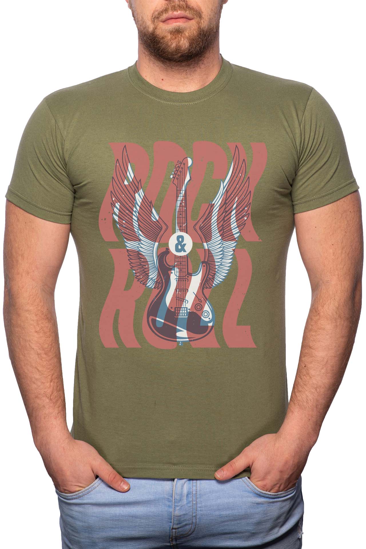 Tricou barbati, Rock And Roll, 100% Bumbac, GR231, Verde militar