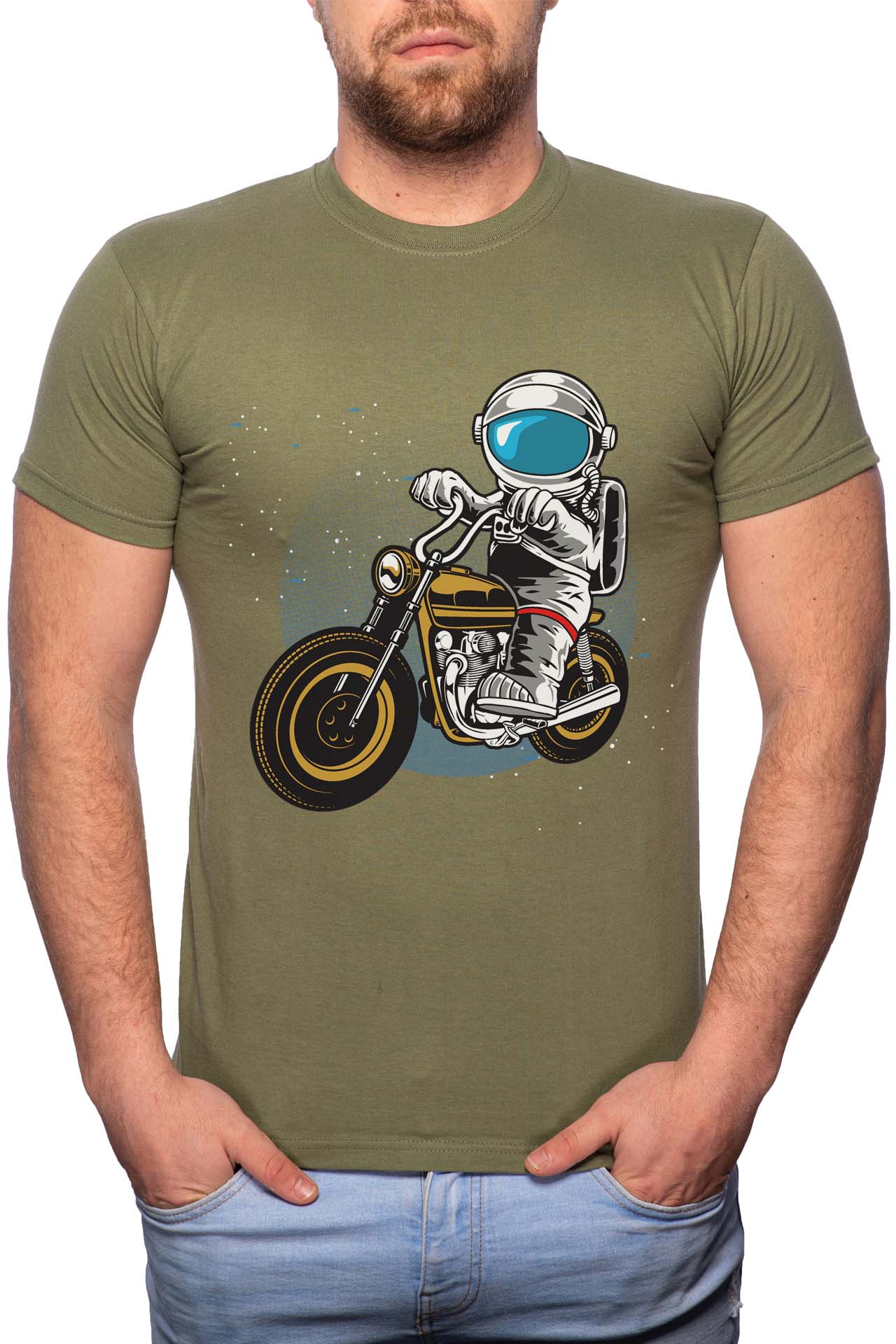 Tricou barbati, Biker Astronaut, 100% Bumbac, R229, Verde militar