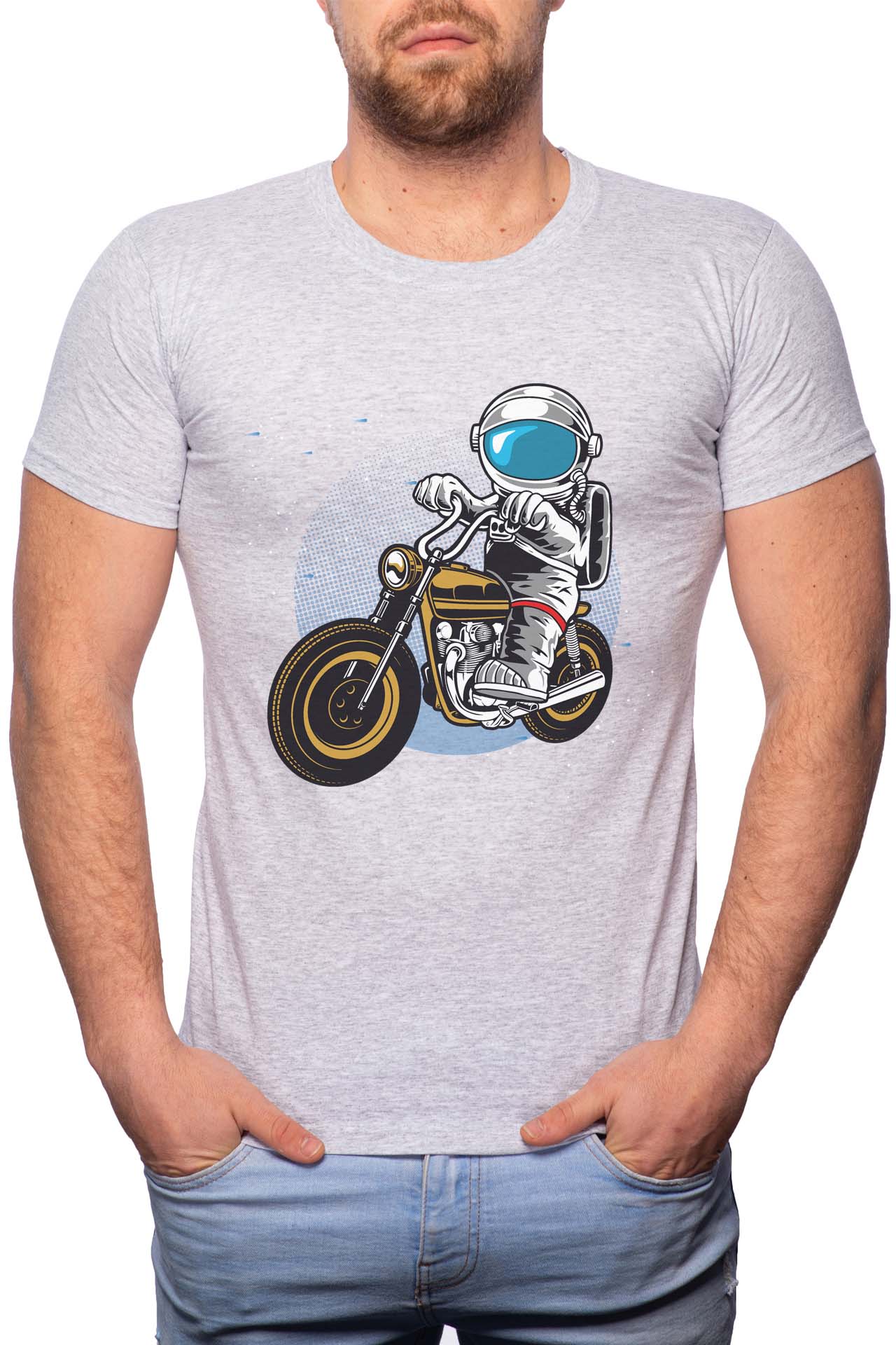 Tricou barbati, Biker Astronaut, 100% Bumbac, R229, Gri
