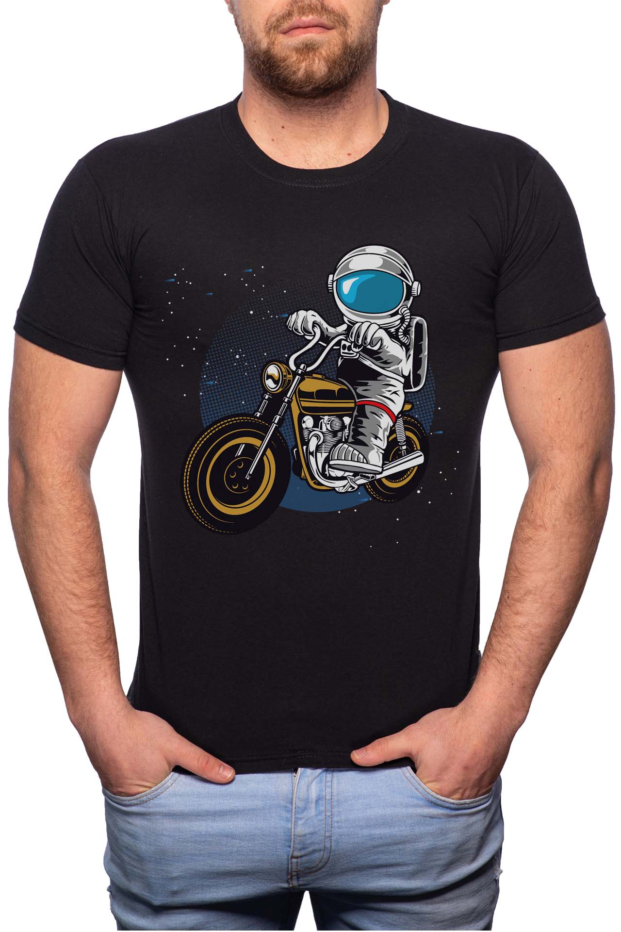 Tricou barbati, Biker Astronaut, 100% Bumbac, R229, Negru