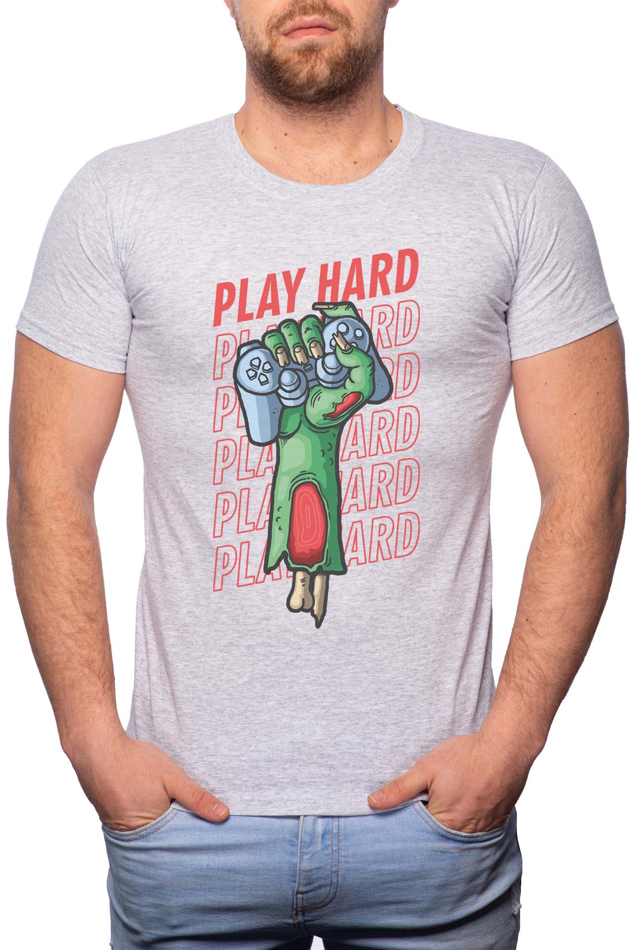 Tricou barbati, Play Hard, 100% Bumbac, GR237, Gri