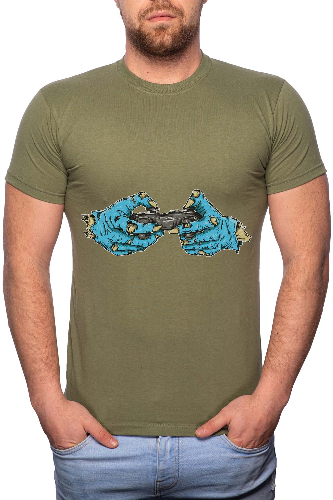 Tricou barbati, Gamer Zombie, 100% Bumbac, GR239, Verde militar