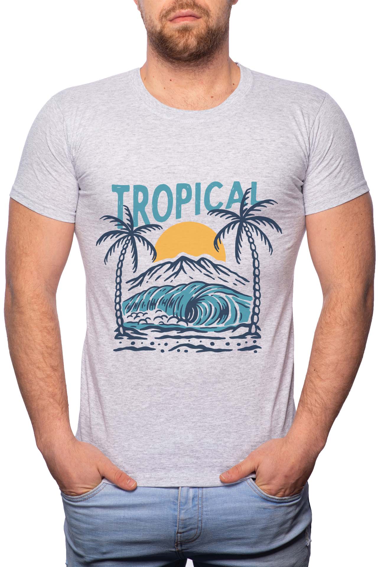 Tricou barbati, Tropical, 100% Bumbac, GR233, Gri