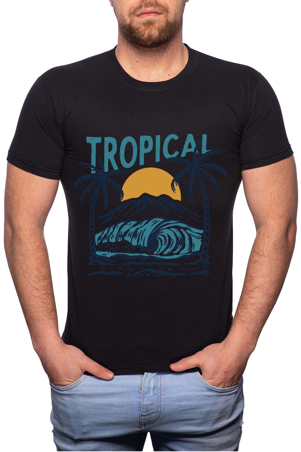Tricou barbati, Tropical, 100% Bumbac, GR233, Negru