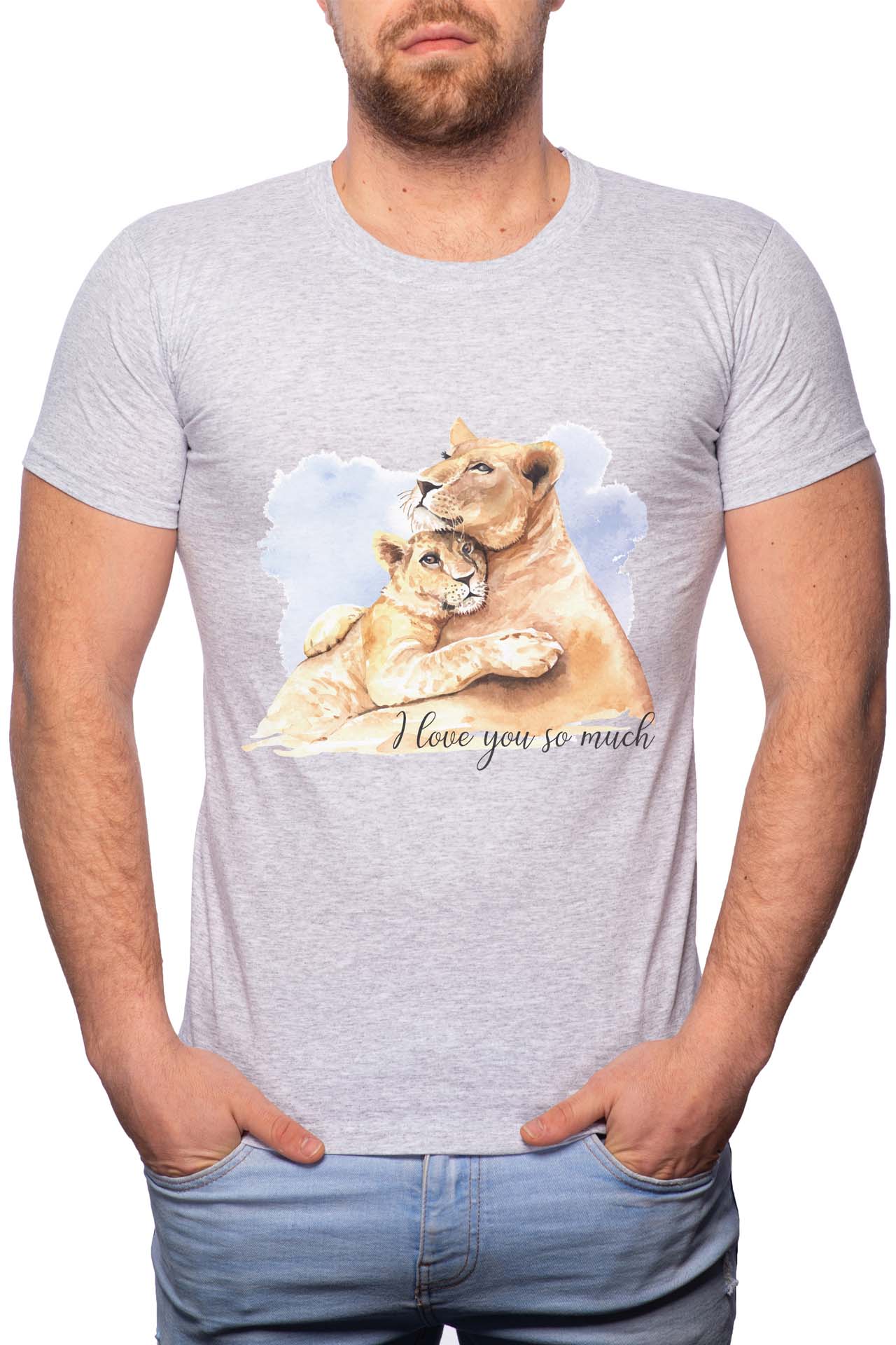 Tricou barbati, Lion Love, 100% Bumbac, W241, Gri